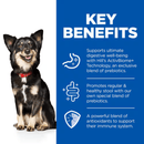 Picture of an adult black and brown dog pictured next to a blue section with white text stating 'Key Benefits, Supports ultimate digestive well-being with Hill's ActivBiome+ Technology, an exclusive blend of prebiotics. Promotes regular & healthy stool with our own special blend of prebiotics. A powerful blend of antioxidants to support their immune system'. 