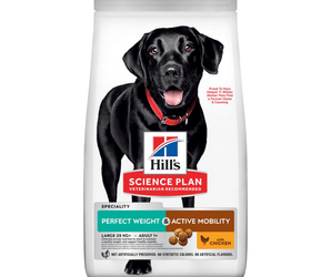Hills Science Plan dry dog food packaged in a white bag with a black Labrador dog pictured on the bag. Text on bag say 'Hill's Science Plan, veterinarian recommended' and 'Perfect Weight & Active Mobility, Large 25kg+, Adult 1+' with a chicken pictured with text 'with chicken' beneath on white background. 