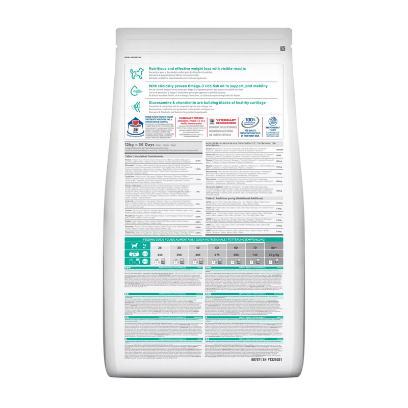 Back view of bag of Hills Science Plan dry dog food packaged in a white bag on white background.