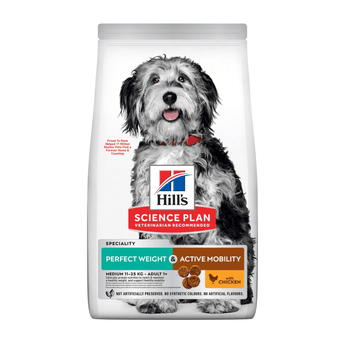 Hills Science Plan dry dog food packaged in a white bag with a black and white adult collie type dog pictured on the bag. Text on bag say 'Hill's Science Plan, veterinarian recommended' and 'Perfect Weight & Active Mobility, Medium 11-25kg, Adult 1+' with a chicken pictured with text 'with chicken' beneath on white background. 