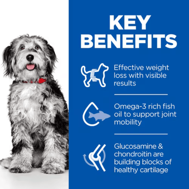 Picture of an adult black and white Collie type dog pictured next to a blue section with white text stating 'Key Benefits, Effective weight loss with visible results, Omega-3 rich fish oil to support joint mobility, Glucosamine & chondroitin are building blocks of healthy cartilage'.