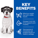 Picture of an adult black and white terrier type dog pictured next to a blue section with white text stating 'Key Benefits, Effective weight loss with visible results, Omega-3 rich fish oil to support joint mobility, Glucosamine & chondroitin are building blocks of healthy cartilage'.