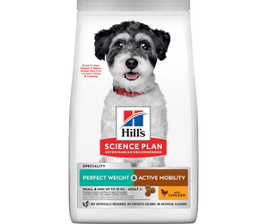 Hills Science Plan dry dog food packaged in a white bag with a black and white adult terrier type dog pictured on the bag. Text on bag say 'Hill's Science Plan, veterinarian recommended' and 'Perfect Weight & Active Mobility, Small & Mini, Adult 1+' with a chicken pictured with text 'with chicken' beneath on white background. 