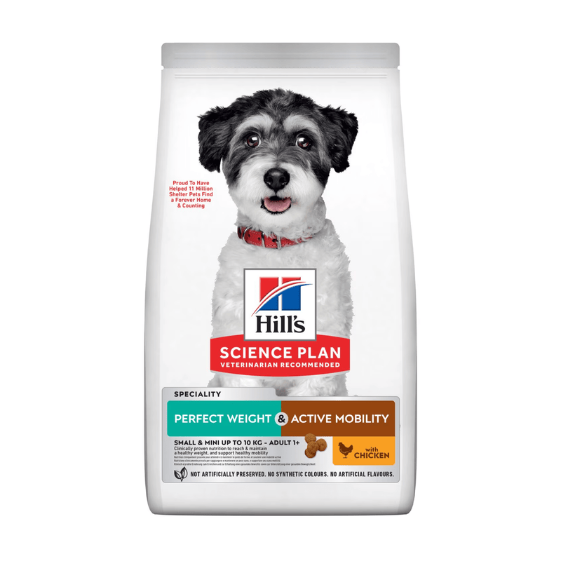 Hills Science Plan dry dog food packaged in a white bag with a black and white adult terrier type dog pictured on the bag. Text on bag say 'Hill's Science Plan, veterinarian recommended' and 'Perfect Weight & Active Mobility, Small & Mini, Adult 1+' with a chicken pictured with text 'with chicken' beneath on white background. 