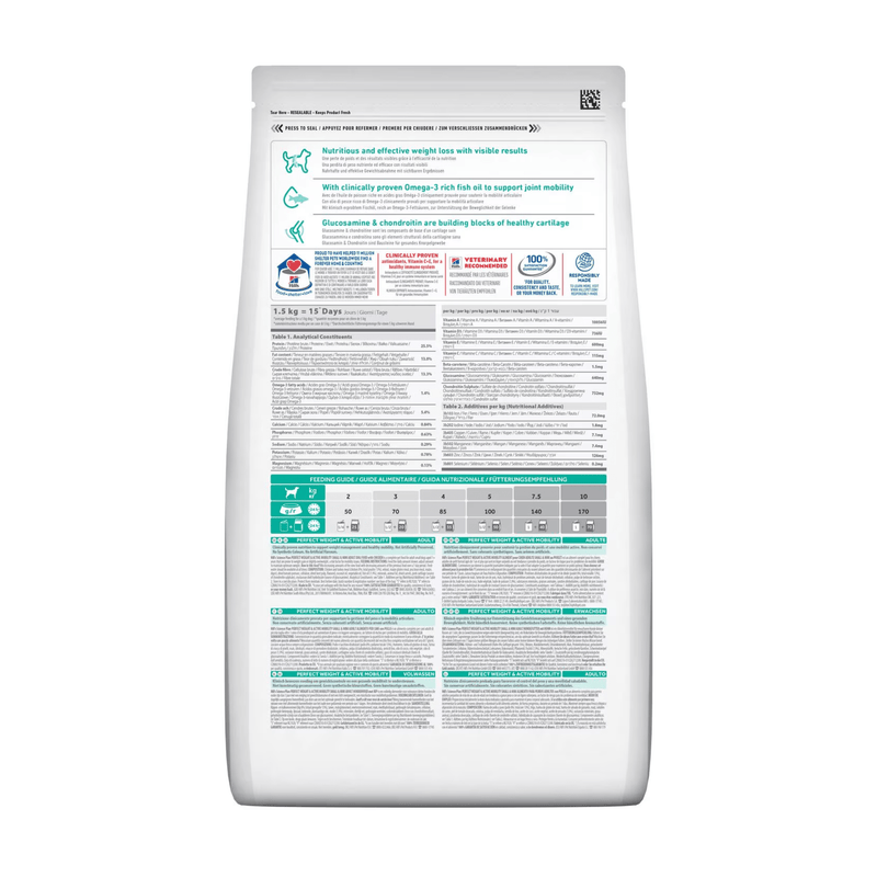 Back view of bag of Hills Science Plan dry dog food packaged in a white bag on white background.