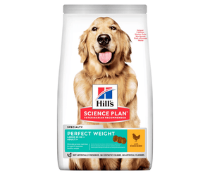 Hills Science Plan dry dog food packaged in a white bag with a Golden Retriever dog pictured on the bag. Text on bag say 'Hill's Science Plan, veterinarian recommended' and 'Perfect Weight, Large 25kg+, Adult 1+' with a chicken pictured with text 'with chicken' beneath on white background.