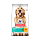 Hills Science Plan dry dog food packaged in a white bag with a Golden Retriever dog pictured on the bag. Text on bag say 'Hill's Science Plan, veterinarian recommended' and 'Perfect Weight, Large 25kg+, Adult 1+' with a chicken pictured with text 'with chicken' beneath on white background.