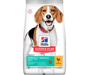 Hills Science Plan dry dog food packaged in a white bag with beagle dog pictured on the bag. Text on bag say 'Hill's Science Plan, veterinarian recommended' and 'Perfect Weight, Medium 11-25kg, Adult 1+' with a chicken pictured with text 'with chicken' beneath on white background. 