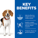 Picture of an adult black and white Collie type dog pictured next to a blue section with white text stating 'Key Benefits, Safe & effective weight loss with visible results, Healthy weight maintenance & long lasting weight support, Prebiotic fibres for gentle digestion'.
