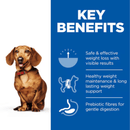 Picture of an adult brown Dachshnd dog pictured next to a blue section with white text stating 'Key Benefits, Safe & effective weight loss with visible results, Healthy weight maintenance & long lasting weight support, Prebiotic fibres for gentle digestion'.