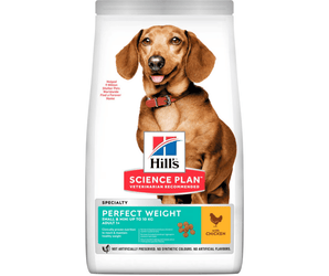 Hills Science Plan dry dog food packaged in a white bag with a brown Dachshund pictured on the bag. Text on bag say 'Hill's Science Plan, veterinarian recommended' and 'Perfect Weight, Small & Mini up to 10kg, Adult 1+' with a chicken pictured with text 'with chicken' beneath on white background.