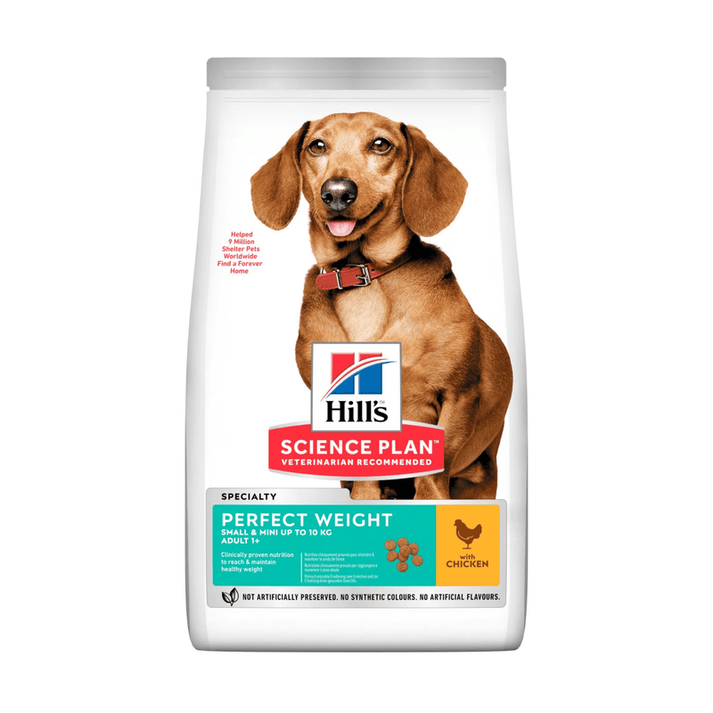 Hills Science Plan dry dog food packaged in a white bag with a brown Dachshund pictured on the bag. Text on bag say 'Hill's Science Plan, veterinarian recommended' and 'Perfect Weight, Small & Mini up to 10kg, Adult 1+' with a chicken pictured with text 'with chicken' beneath on white background.