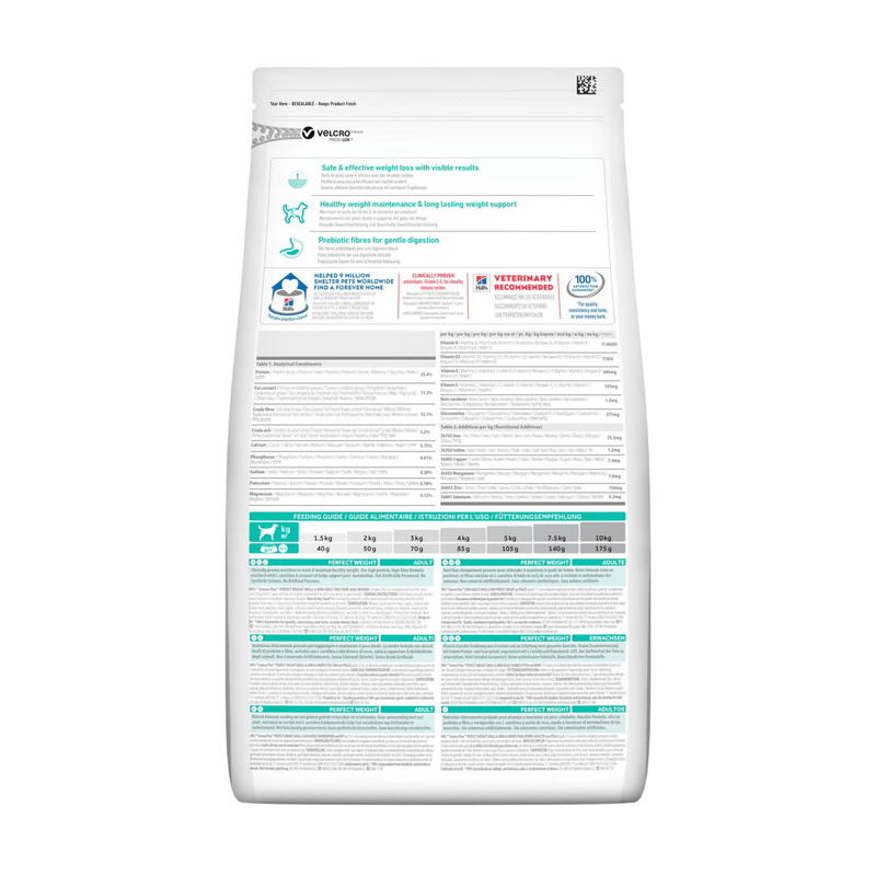 Back view of bag of Hills Science Plan dry dog food packaged in a white bag on white background.