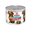 Hills Science Plan dog Perfect Weight tin with a brown dachshund dog on the label, text reads 'Perfect Weight, Small & Mini, Adult 1+' and a picture of a turkey with text 'with Turkey, Mousse' on a white background. 