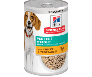 Hills Science Plan dog Perfect Weight tin with a beagle-type dog on the label, text reads 'Perfect Weight, Adult 1+' and a picture of a chicken with text 'Chicken & Vegetables' on a white background. 