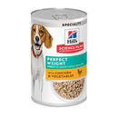 Hills Science Plan dog Perfect Weight tin with a beagle-type dog on the label, text reads 'Perfect Weight, Adult 1+' and a picture of a chicken with text 'Chicken & Vegetables' on a white background. 