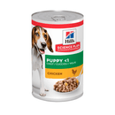 Hills Science Plan Puppy tin with a beagle-type puppy on the label, text reads 'Puppy <1' and a picture of a chicken with text 'Chicken' on a white background. 