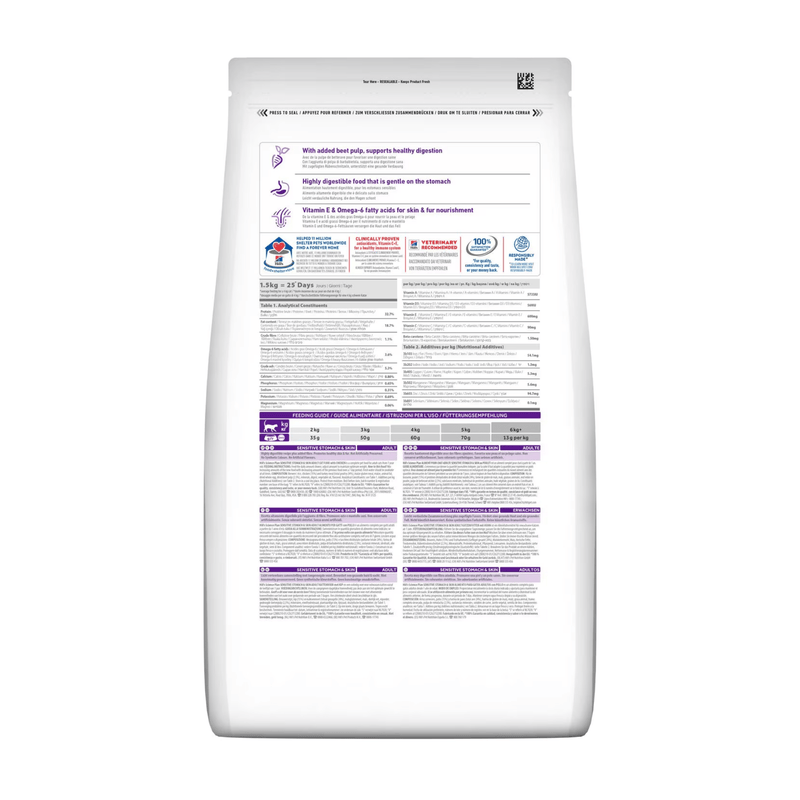 Back view of bag of Hills Science Plan cat dry food packaged in a white bag on white background.