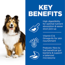 Picture of an adult collie dog pictured next to a blue section with white text stating 'Key Benefits, High digestibility for optimal nutrient absorption & easier stool pick-up, Vitamin E & Omega-6s for skin nourishment, Prebiotic fibre to fuel beneficial gut bacteria & support a balanced microbiome'. 