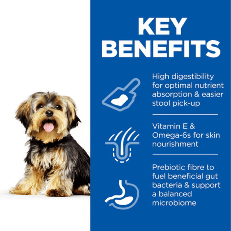 Picture of an adult Yorkshire terrier pictured next to a blue section with white text stating 'Key Benefits, High digestibility for optimal nutrient absorption & easier stool pick-up, Vitamin E & Omega-6s for skin nourishment, Prebiotic fibre to fuel beneficial gut bacteria & support a balanced microbiome'. 