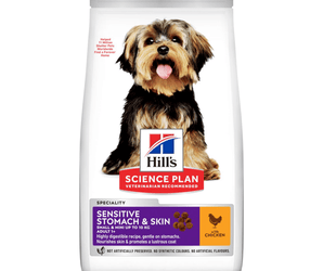Hills Science Plan dry dog food packaged in a white bag with a small adult Yorkshire terrier dog pictured on the bag. Text on bag say 'Hill's Science Plan, veterinarian recommended' and 'Sensitive stomach & Skin, Adult 1+' with a chicken pictured with text 'with chicken' beneath on white background. 