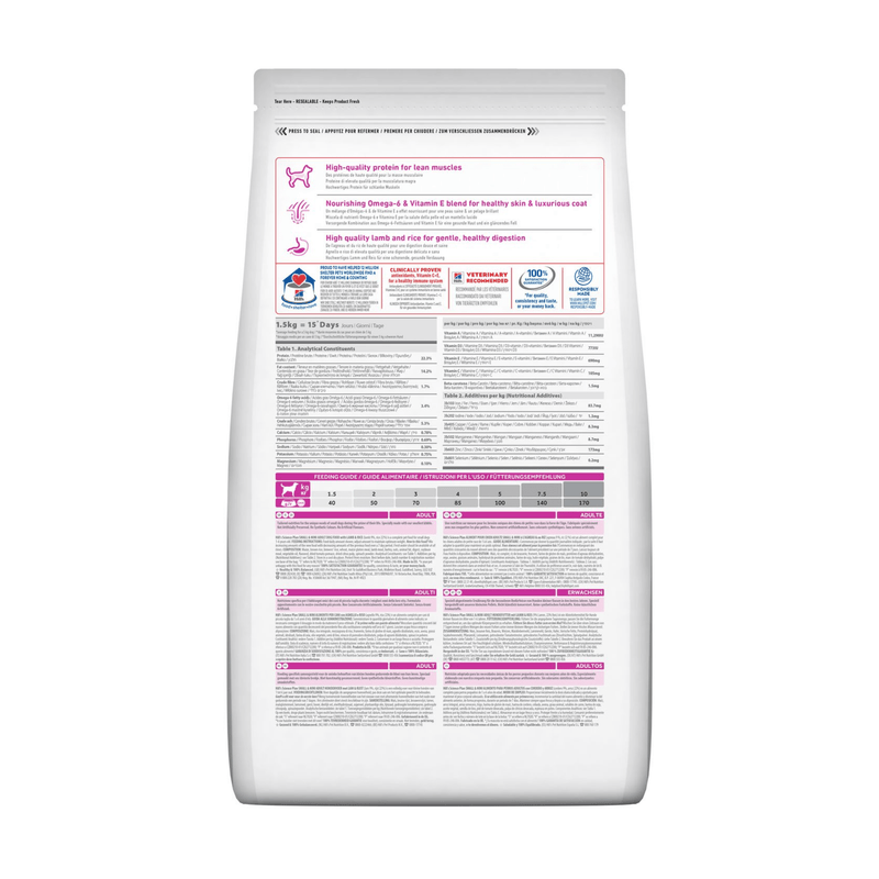 Back view of bag of Hills Science Plan dry dog food packaged in a white bag on white background.