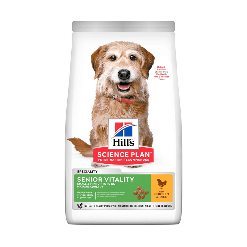 Hills Science Plan dry dog food packaged in a white bag with an small adult brown dog pictured on the bag. Text on bag says 'Hill's Science Plan' and 'Senior Vitality, Small & Mini up to 10kg, Mature Adult 7+' with a chicken pictured with text 'with Chicken & rice' beneath on white background. 