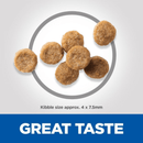 Seven dog kibbles pictured in a circle with text below 'Kibble size approx. 4x7.5mm' and a blue banner with white text 'Great Taste'. 
