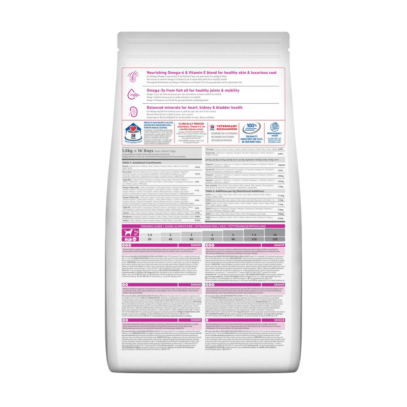 Back view of bag of Hills Science Plan small senior adult dog dry food packaged in a white bag on white background.