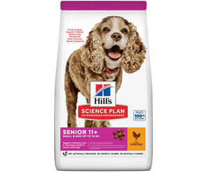 Hills Science Plan dry dog food packaged in a white bag with an small adult brown dog pictured on the bag. Text on bag says 'Hill's Science Plan' and '+Senior 11+, Small & Mini up to 10kg' with a chicken pictured with text 'with Chicken' beneath on white background. 
