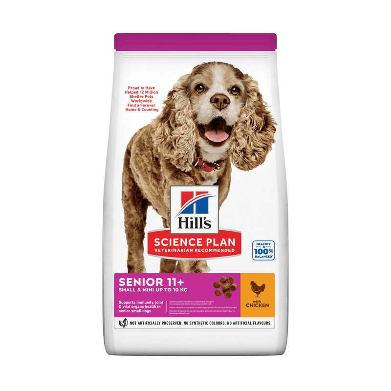 Hills Science Plan dry dog food packaged in a white bag with an small adult brown dog pictured on the bag. Text on bag says 'Hill's Science Plan' and '+Senior 11+, Small & Mini up to 10kg' with a chicken pictured with text 'with Chicken' beneath on white background. 
