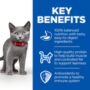 Picture of a grey kitten pictured next to a blue section with white text stating 'Key Benefits, 100% balanced nutrition with tasty, easy-to-digest ingredients, High-quality protein to help build muscle and controlled fat to support leanness, Antioxidants to promote a healthy immune system'. 