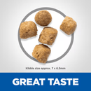 Five cat kibbles pictured in a circle with text below 'Kibble size approx. 7x6.5mm' and a blue banner with white text 'Great Taste'. 