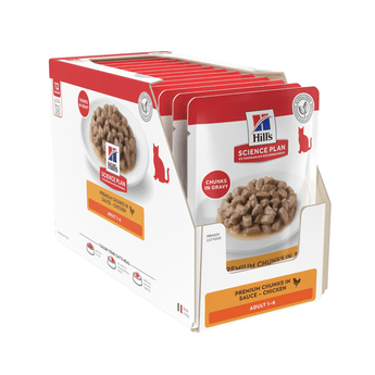 A display box of Hill's Science Plan Premium Chunks in Sauce - Chicken for adult cats, showing multiple individual pouches arranged in a retail counter display against a white background.