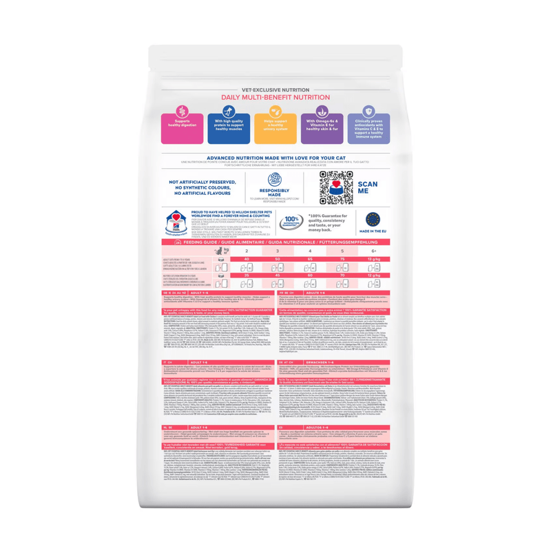Back view of bag of Hills Veterinary Essentials adult cat Multi-Benefit dry food packaged in a white bag on white background.
