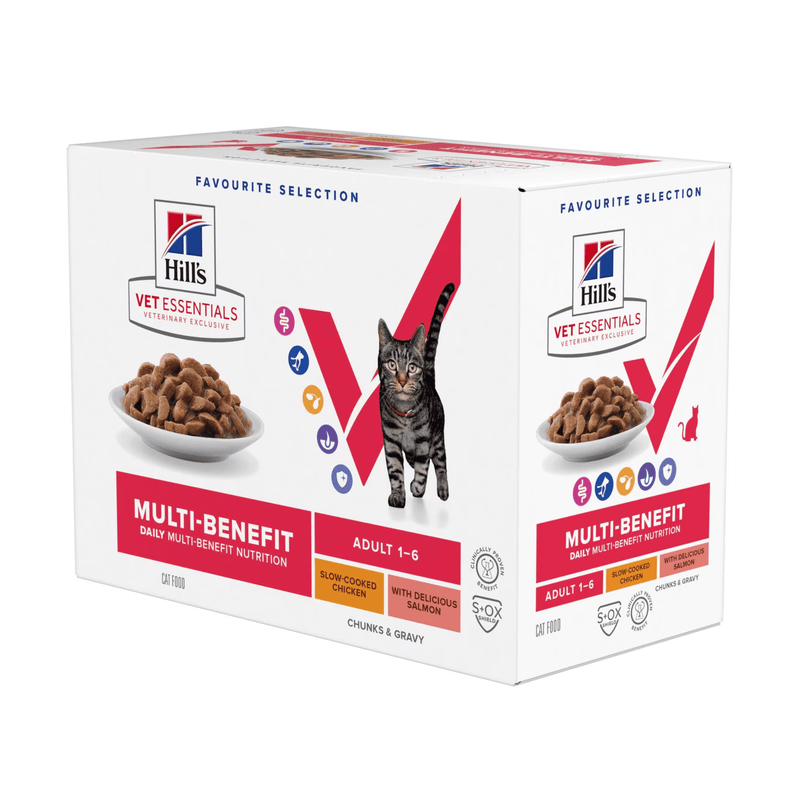 Box of wet cat food pouches with an adult brown tabby cat pictured on the box, text on the box says 'Multi-Benefit, Adult 1-6' and 'with Slow-cooked Chicken and with delicious salmon' there is also a picture of the wet food on the box. 