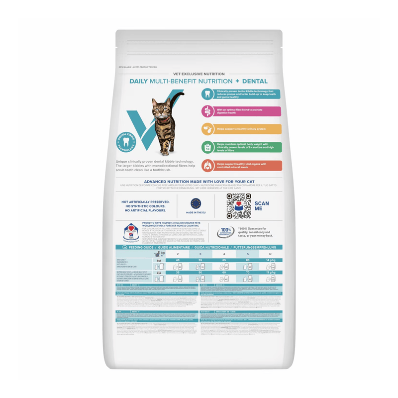 Back view of bag of Hills Veterinary Essentials adult cat dental dry food packaged in a white bag on white background.