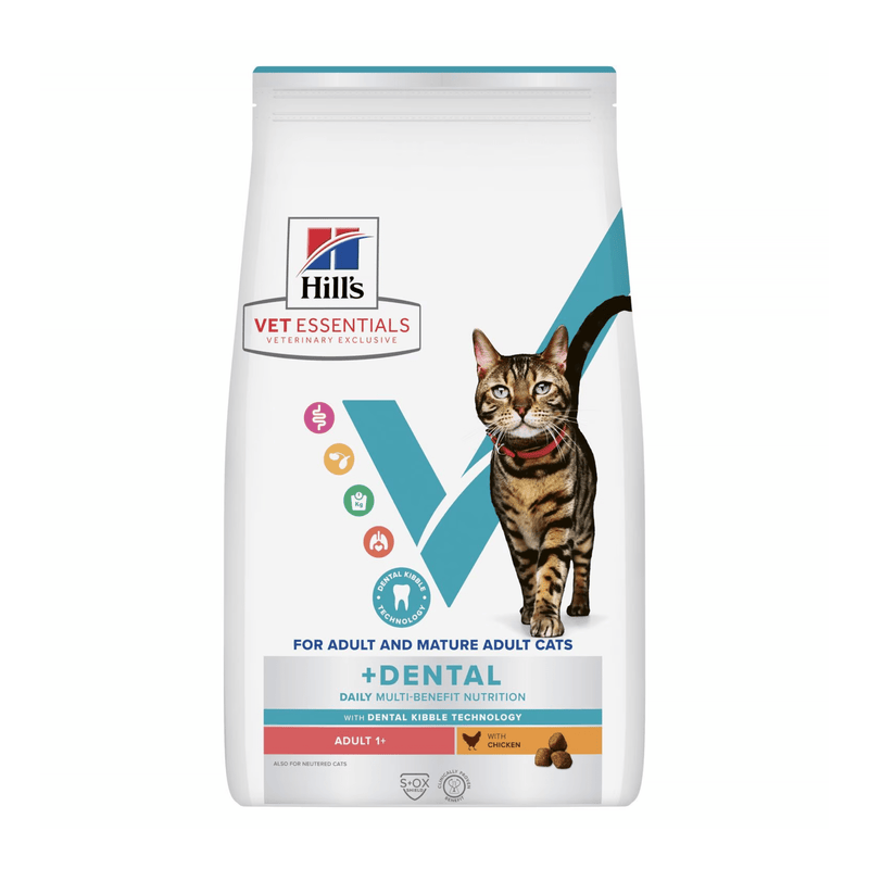 Hills Vet Essentials dry cat food packaged in a white bag with an adult tabby cat pictured on the bag. Text on bag says 'Hill's Vet Essentials, veterinary exclusive' and '+Dental, Adult 1+' with a chicken pictured with text 'with Chicken' beneath on white background. 