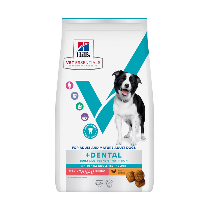 Hills Vet Essentials dry dog food packaged in a white bag with an adult black and white collie dog pictured on the bag. Text on bag says 'Hill's Vet Essentials, veterinary exclusive' and '+Dental, Medium and Large Breed, Adult 1+' with a chicken pictured with text 'with Chicken' beneath on white background. 