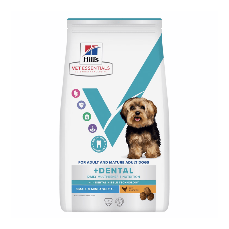 Hills Vet Essentials dry dog food packaged in a white bag with an adult Yorkshire terrier dog pictured on the bag. Text on bag says 'Hill's Vet Essentials, veterinary exclusive' and '+Dental, Small & Mini, Adult 1+' with a chicken pictured with text 'with Chicken' beneath on white background.