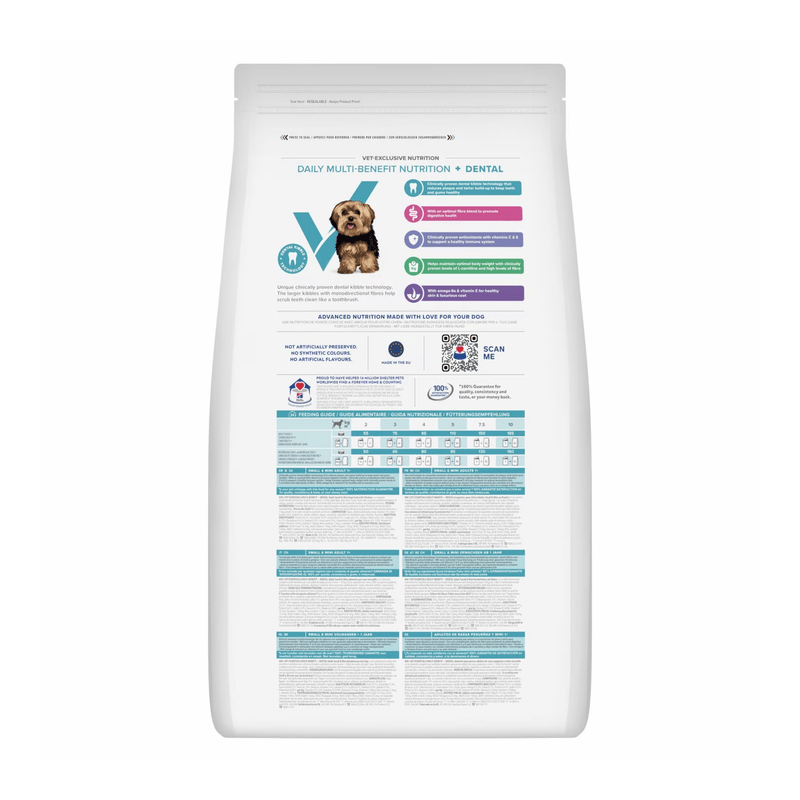 Back view of bag of Hills Veterinary Essentials adult dog dental dry food packaged in a white bag on white background.