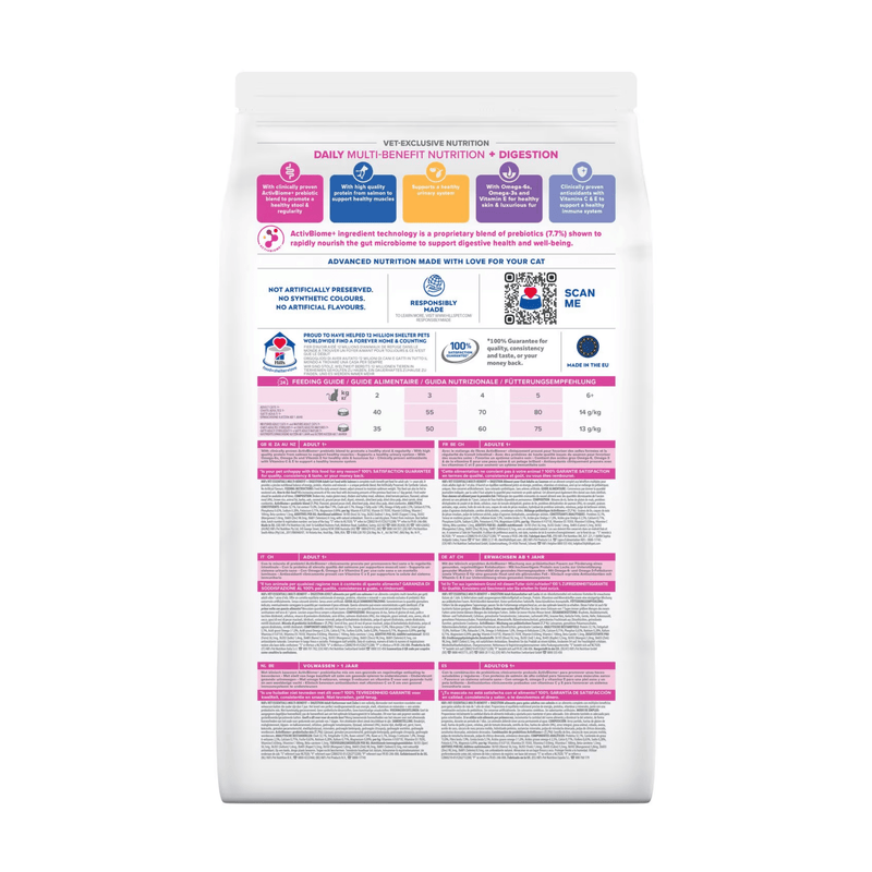 Back view of bag of Hills Veterinary Essentials adult cat +Digestion dry food packaged in a white bag on white background.