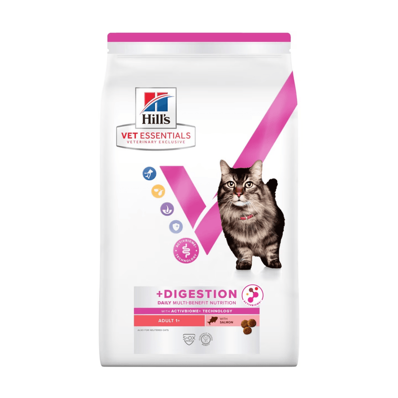 Hills Vet Essentials dry cat food packaged in a white bag with an adult tabby cat pictured on the bag. Text on bag says 'Hill's Vet Essentials, veterinary exclusive' and '+Digestion, Adult, 1+ years' with a fish pictured with text 'with Salmon' beneath on white background. 