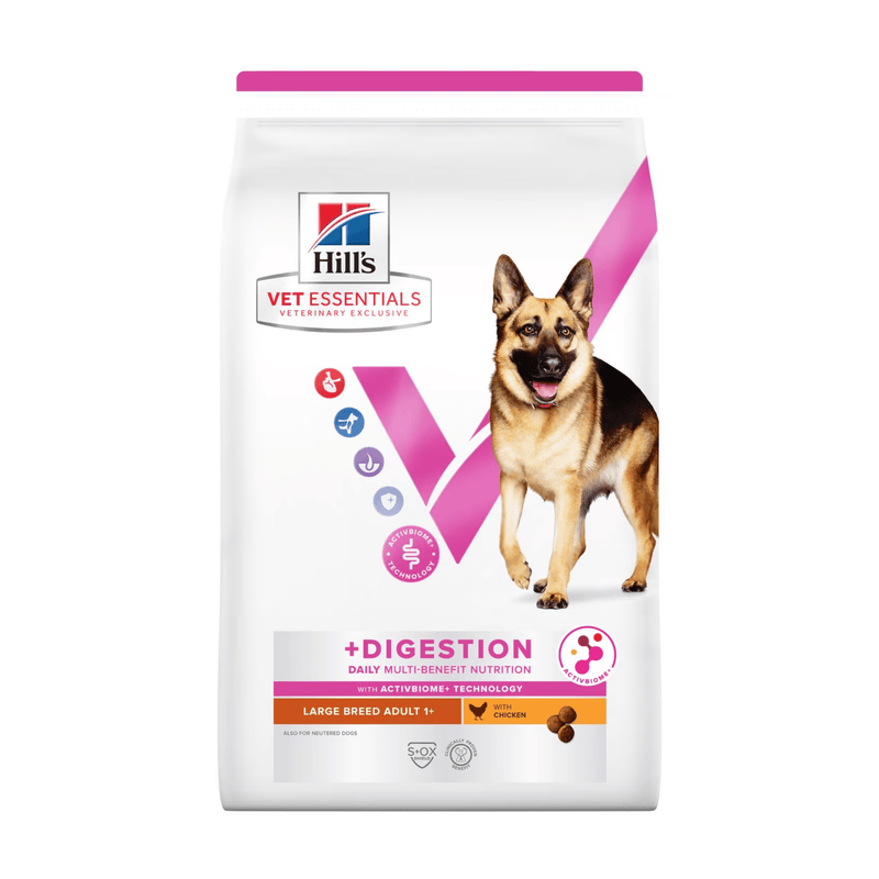 Hills Vet Essentials dry dog food packaged in a white bag with an adult German Shepherd dog pictured on the bag. Text on bag says 'Hill's Vet Essentials, veterinary exclusive' and '+Digestion, Large, Adult 1+' with a chicken pictured with text 'with Chicken' beneath on white background. 