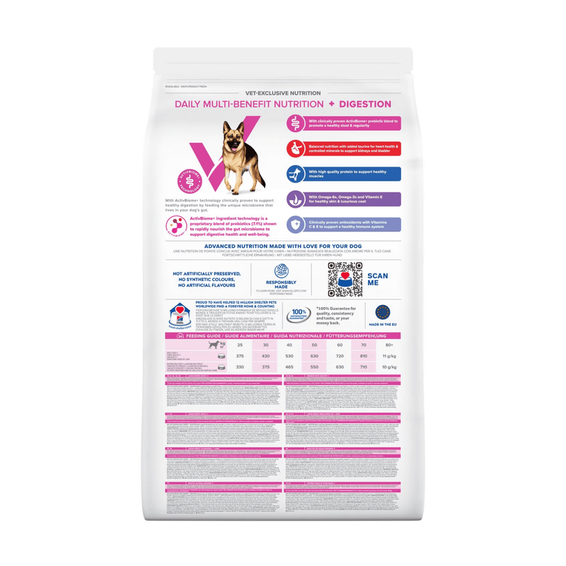 Back view of bag of Hills Veterinary Essentials large adult dog Digestion dry food packaged in a white bag on white background.