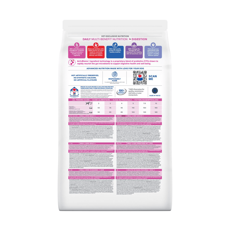 Back view of bag of Hills Veterinary Essentials small adult dog Digestion dry food packaged in a white bag on white background.