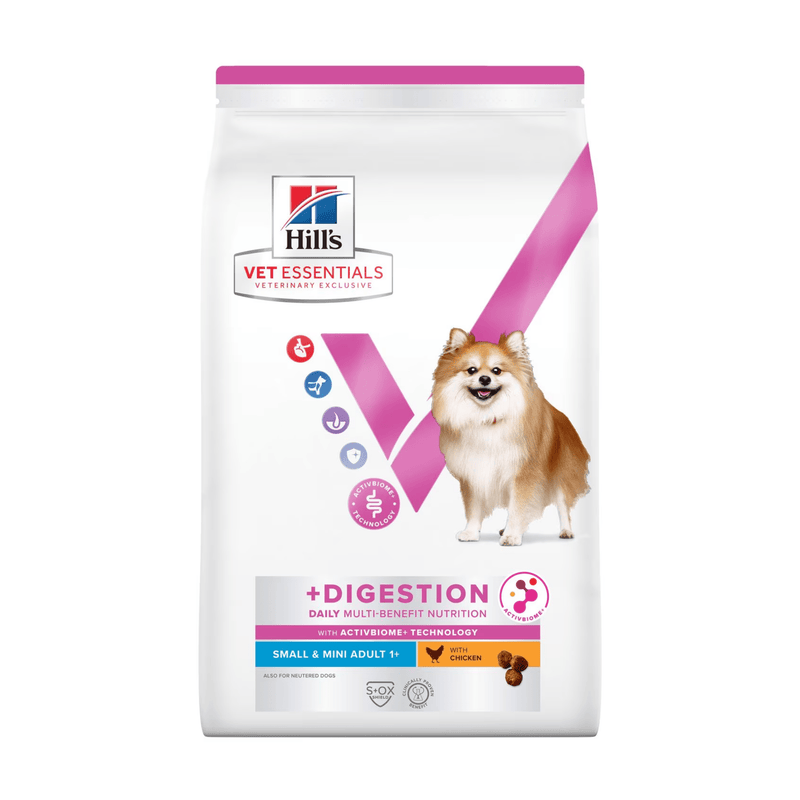 Hills Vet Essentials dry dog food packaged in a white bag with an small adult brown and white dog pictured on the bag. Text on bag says 'Hill's Vet Essentials, veterinary exclusive' and '+Digestion, Small & Mini, Adult 1+' with a chicken pictured with text 'with Chicken' beneath on white background. 