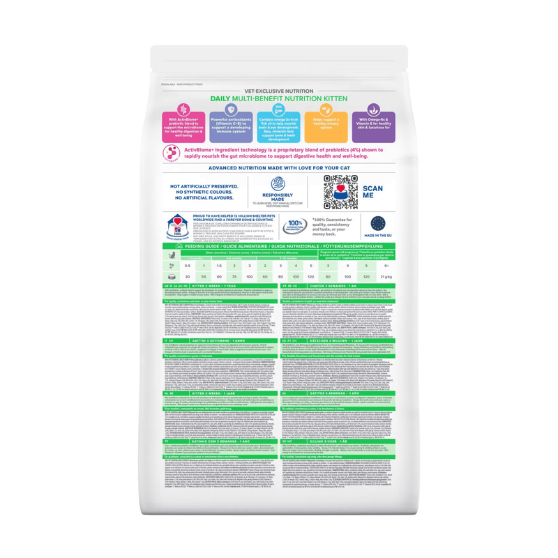 Back view of bag of Hills Veterinary Essentials kitten dry food packaged in a white bag on white background.