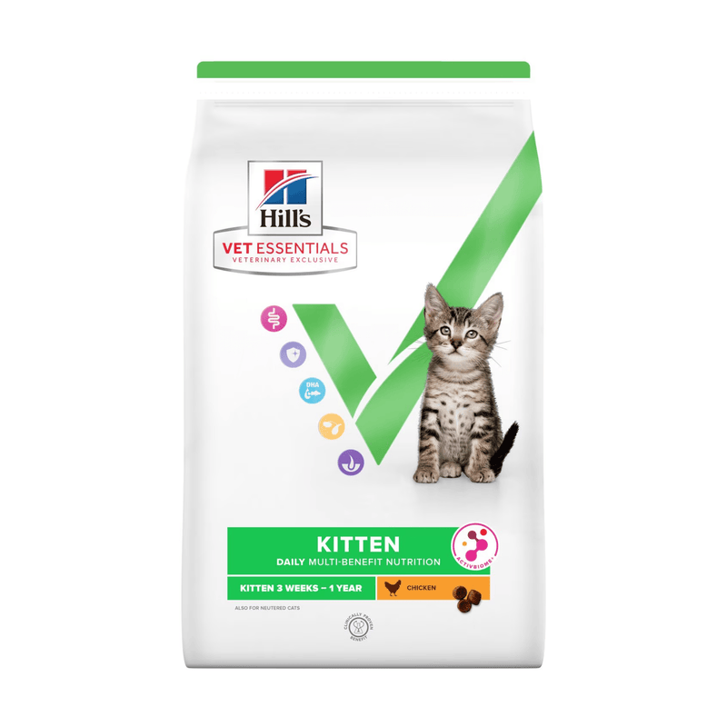 Hills Vet Essentials dry cat food packaged in a white bag with a tabby kitten pictured on the bag. Text on bag says 'Hill's Vet Essentials, veterinary exclusive' and 'Kitten, 3 weeks - 1year' with a chicken pictured with text 'Chicken' beneath on white background. 