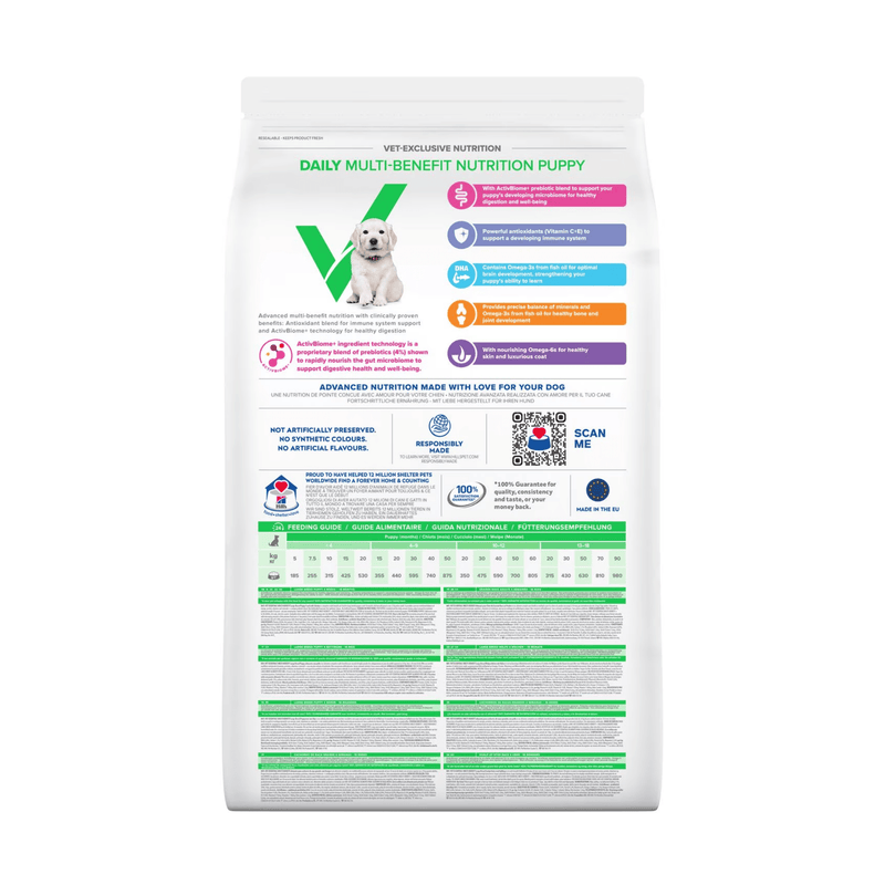 Back view of bag of Hills Veterinary Essentials puppy dry food packaged in a white bag on white background.